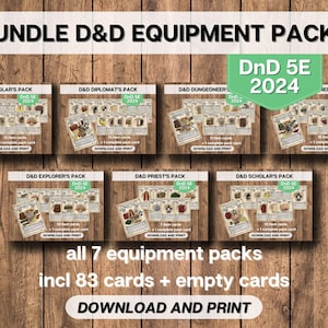 Lot de 7 packs d'équipement D&D, cartes d'objets 5E 2024, Donjons et dragons à imprimer, outils pour le maître de jeu et le joueur, équipement D&D à télécharger