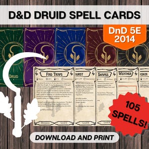 Cartas de Magia de Druida DnD, Dungeons and Dragons para Imprimir, D&D 5E 2014 Todos os Níveis Download Instantâneo, Cartas Vazias Preencháveis PDF