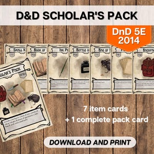 DnD Scholar&#39;s Pack Item Equipment Cards, Dungeons and Dragons Printable, Game Master Tools, D&D 5E 2014 Adventuring Gear Instant Download