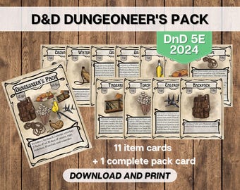 Könnte beinhalten: Ein druckbarer Satz von 12 Dungeons and Dragons (D&D) 5E-Gegenstandskarten für ein Dungeon Master-Paket. Die Karten zeigen Illustrationen verschiedener Gegenstände, darunter einen Rucksack, Wurfspieße, einen Brecheisen, ein Feuerzeug, eine Fackel, Öl, Wasser, Seil, Rationen und einen Rucksack. Die Karten sind im Vintage-Stil mit braunem Hintergrund und weißem Text gestaltet. Der Text auf den Karten enthält den Namen des Gegenstands, sein Gewicht und eine kurze Beschreibung.