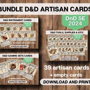 Pacote D&D 39 Kits de Suprimentos de Ferramentas de Artesão, Cartas, Instrumentos + Conjuntos de Jogo, Dungeons and Dragons para Imprimir, Download D&D 5E 2024