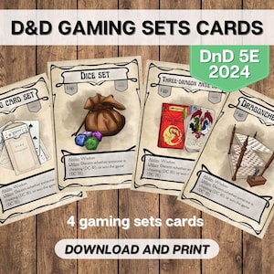 DnD Gaming Sets Equipment Cards 5E 2024, Dungeons and Dragons Printable, D&D Adventuring Gear Instant Download
