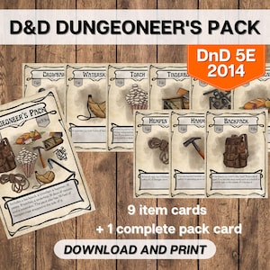 Cartas de equipo de objetos del paquete de mazmorras de DnD, mazmorras y dragones imprimibles, herramientas del director de juego, descarga instantánea de equipo de aventuras de D&D 5E 2014