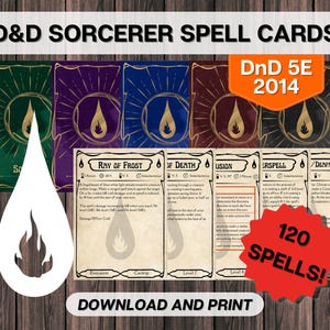 DnD Sorcerer Spell Cards, afdrukbare kerkers en draken, D&D 5E 2014 alle niveaus direct download, invulbare lege kaarten pdf