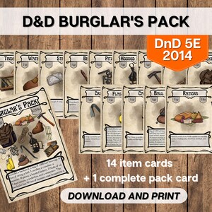 DnD Burglar&#39;s Pack Item Equipment Cards, Dungeons and Dragons Printable, Game Master Tools, D&D 5E 2014 Adventuring Gear Instant Download
