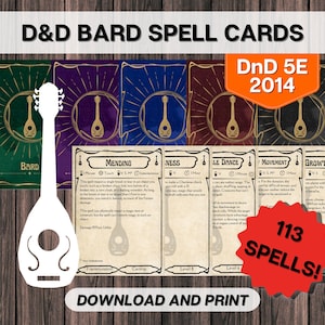 DnD Bard-spreukkaarten, afdrukbare kerkers en draken, D&D 5E 2014 alle niveaus direct downloaden, invulbare lege kaarten pdf