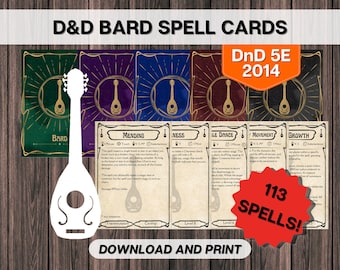 Può includere: Un set di cinque carte di incantesimi di bardo D&D stampabili con un design a liuto e il testo "DnD 5E 2014" e "113 SPELLS!" Le carte sono codificate a colori e presentano i nomi degli incantesimi: Mending, Ness, Le Dance, Movement e Growth.