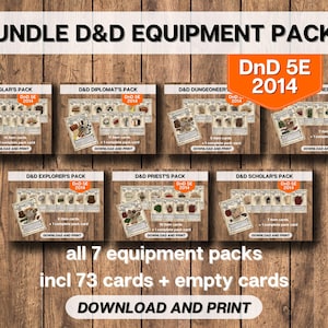 PAQUETE DnD 7 Paquetes de equipo Cartas de objetos, Dungeons and Dragons imprimibles, Herramientas de jugador y director de juego, Descarga de equipo de aventuras D&D 5E 2014