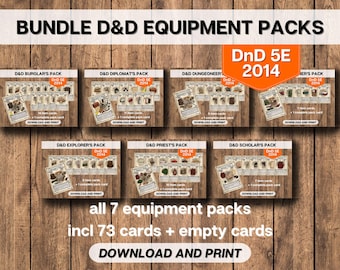 DnD BUNDLE 7 Equipment Packs Item Cards, Dungeons and Dragons Printable, Game Master and Player Tools, D&D 5E 2014 Adventuring Gear Download