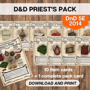Cartas de Equipamento de Item do Pacote do Sacerdote DnD, Dungeons and Dragons para Imprimir, Ferramentas do Mestre de Jogo, D&D 5E 2014 Equipamento de Aventura Download Instantâneo