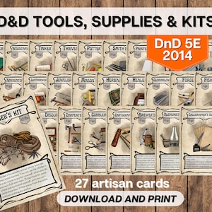 DnD ambachtelijke gereedschappen, benodigdheden en kits Uitrustingskaarten, kerkers en draken afdrukbaar, D&D 5E 2014 avonturenuitrusting direct downloaden