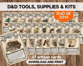 DnD Artisan Tools, Supplies and Kits Equipment Cards, Dungeons and Dragons Printable, D&D 5E 2014 Adventuring Gear Instant Download