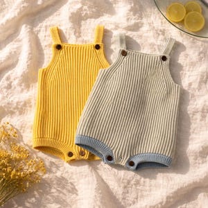 Cotton Knit Baby Romper Overalls, Beach Outfit, Blue Yellow