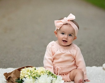Stitch Collection Baby Newborn Toddler Girls Cute SUMMER Pink White Long Sleeve Sweater Pointelle Knit Romper Outfit.