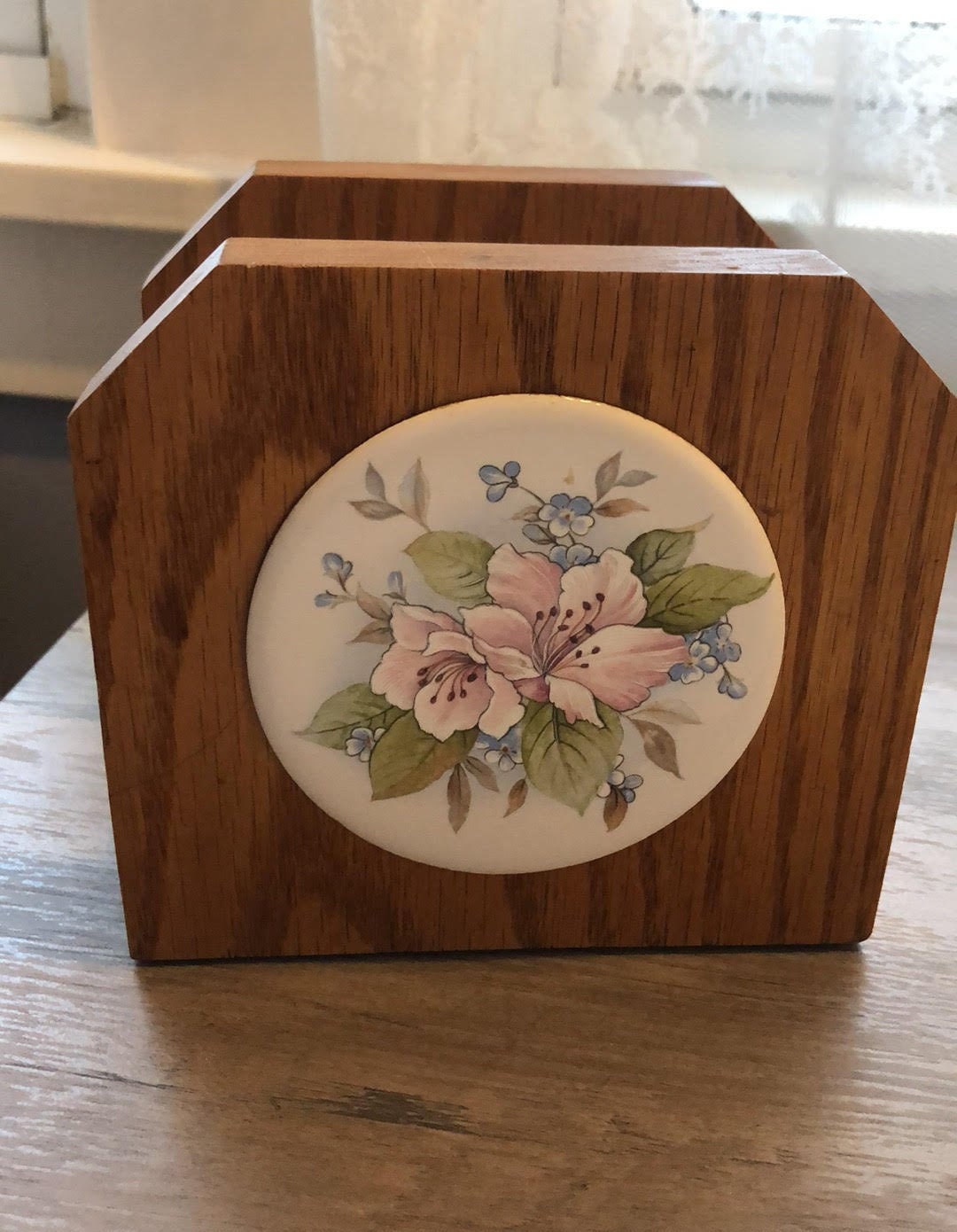 Vintage MidCentury Wooden Napkin Holder Ceramic Floral Inser Etsy