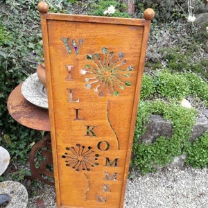 Edelrost Gartenschild Willkommen mit Blumen 120x30 cm Gartendeko Rost Gartendekoration Rostdeko Metall