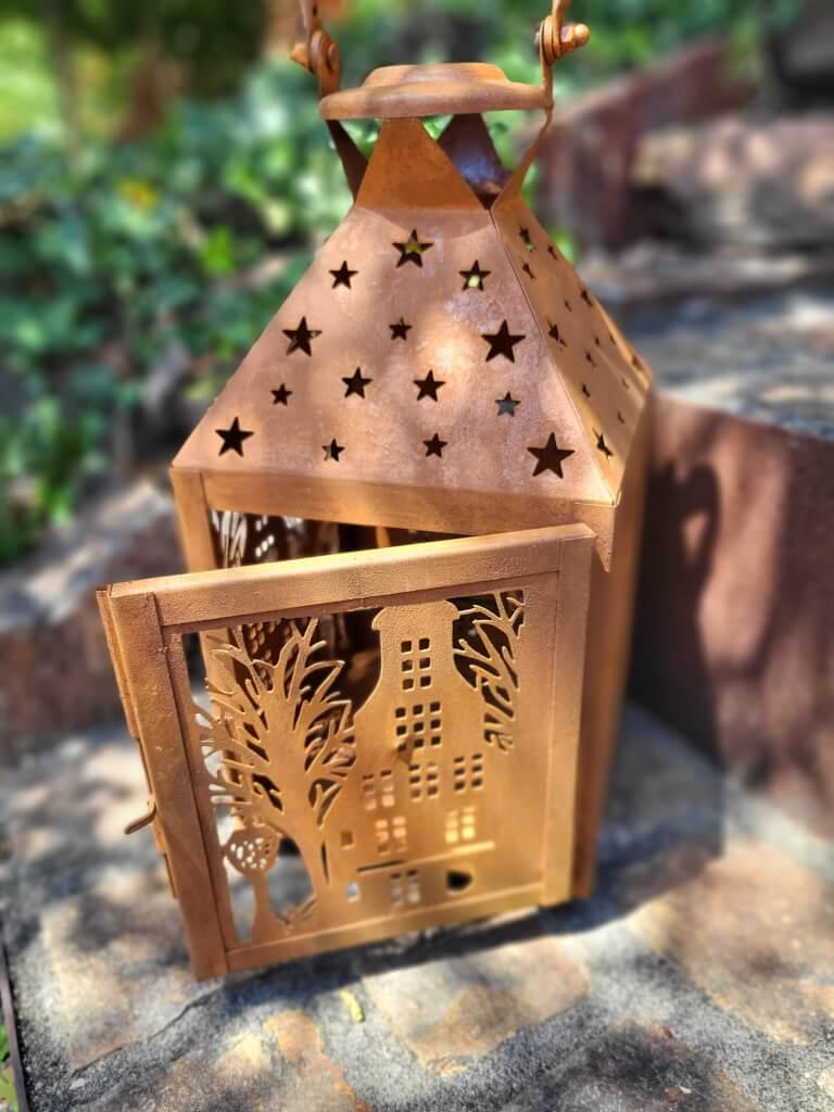 Lanterne De Jardin Métal Rouillé - Maison à Poser - 25 Cm De Haut - Décoration Extérieure