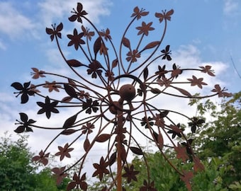 Prairie de fleurs d'éolienne patinée, piquet de jardin double en treillis, décoration de jardin, piquet de jardin en métal rouille