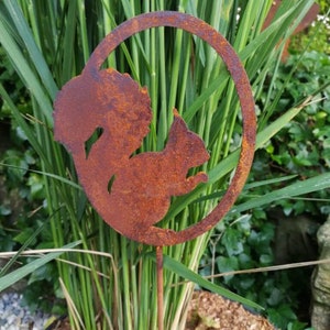 Può includere: Un paletto da giardino in metallo arrugginito a forma di silhouette di scoiattolo con un design circolare. Il paletto è posizionato in un letto di erba verde.
