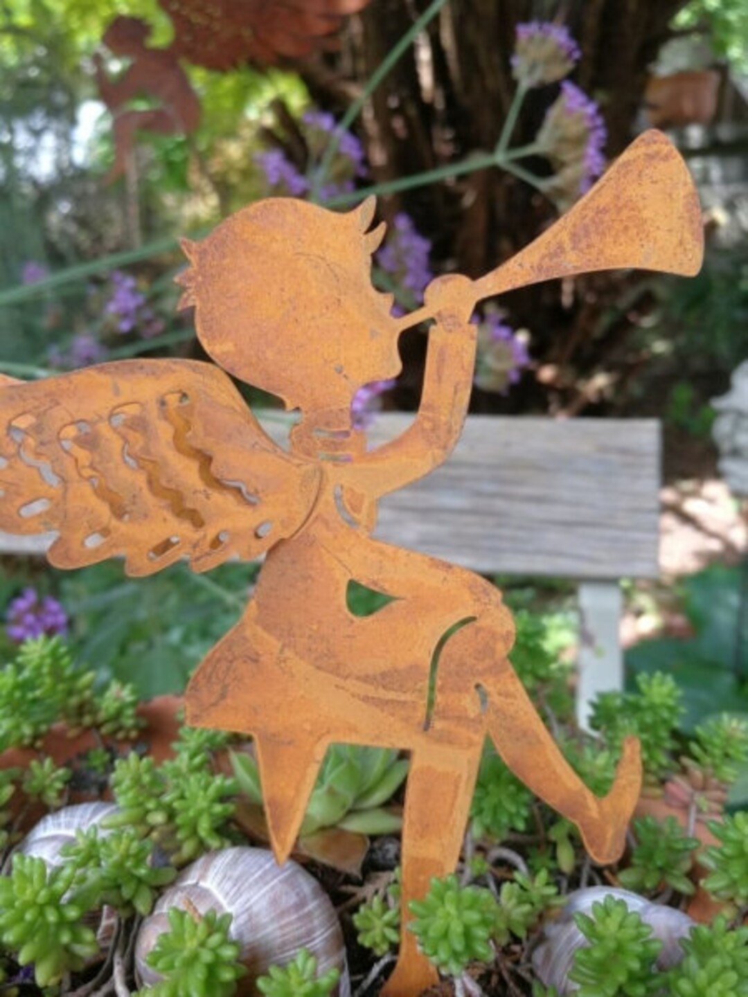 Rust Angels Decorative Angel With Thorn and Trombone, Rust Look Garden Decoration ...