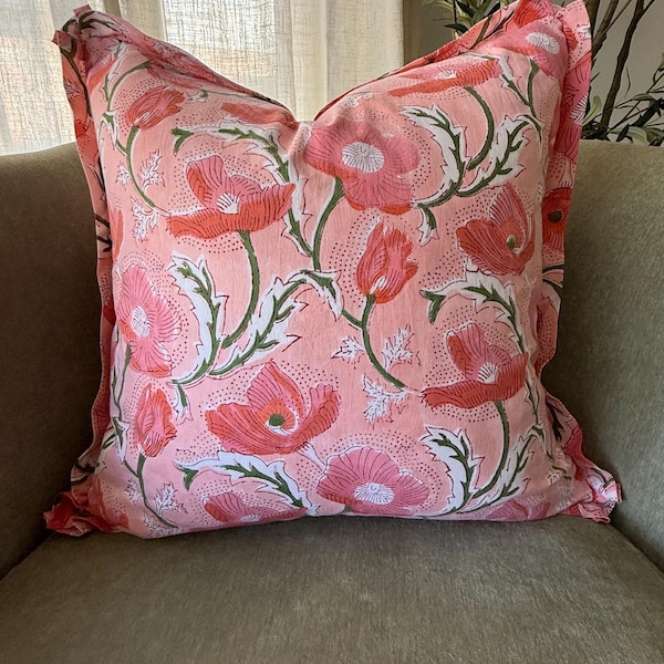 Coral Poppy Pillow Cover: Indian Hand Block Print, Handmade Home Decor