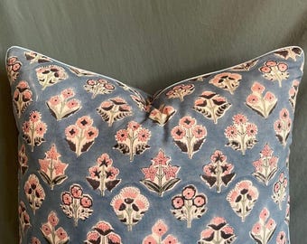 Blue Floral Pillow Cover, Hand Block Print Cotton Throw Pillow with Piping