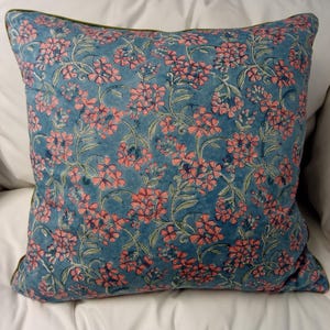 Blue, Pink and Green Floral Pillow Cover | Indian Hand Block Print | Decorative Pillow Cover | Green Micro Piping | Designer Pillow