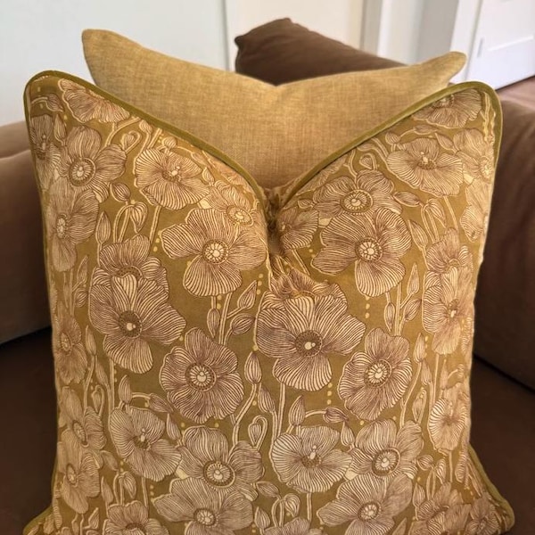 Funda de almohada con estampado floral dorado de 20x20, almohada decorativa con ribete de terciopelo, almohada decorativa de algodón hecha a mano.