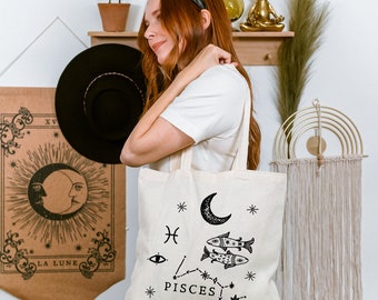 Pisces Zodiac Sign Cotton Canvas Tote Bag Pisces Astrology 