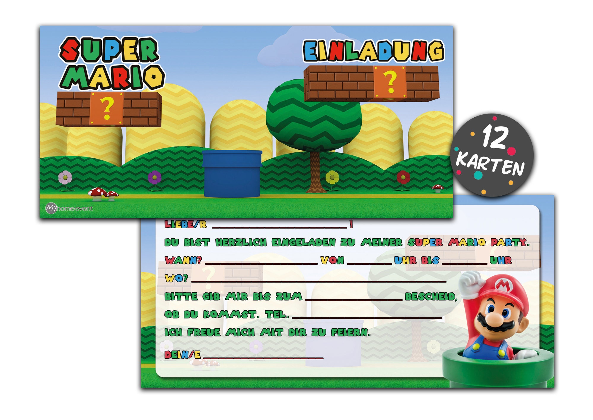 Super Mario  Einladungskarten 12er Set 12 Umschläge Kindergeburtstag T10 