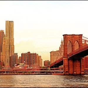 East River Manhattan Brooklyn Bridge One World Trade Center scenic architectural landmarks New York City photography  fine art wall hangings
