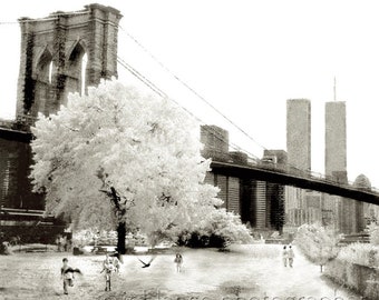 Twin Towers Manhattan Brooklyn Bridge One World Trade Center scenic architectural landmarks New York City photography  fine art wall hanging