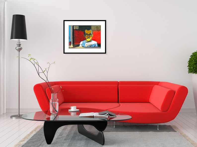 May include: A framed painting of a young person wearing glasses and a blue shirt with a yellow sun graphic. The background is a red, blue, and yellow abstract design.