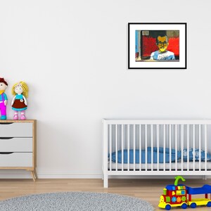 May include: A white crib with a blue mattress and a white dresser with three drawers. There are two stuffed dolls on top of the dresser. A framed picture of a man wearing glasses is hanging on the wall.