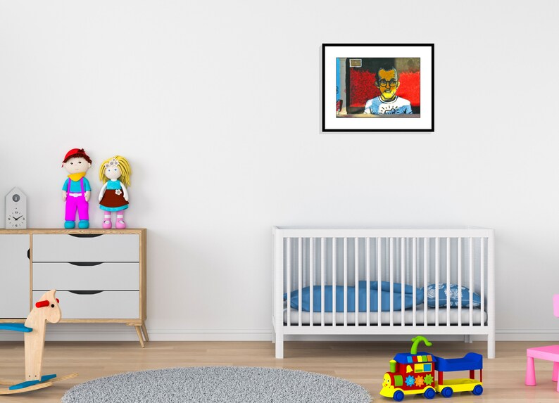 May include: A white crib with a blue mattress and a white dresser with three drawers. There are two stuffed dolls on top of the dresser. A framed picture of a man wearing glasses is hanging on the wall.