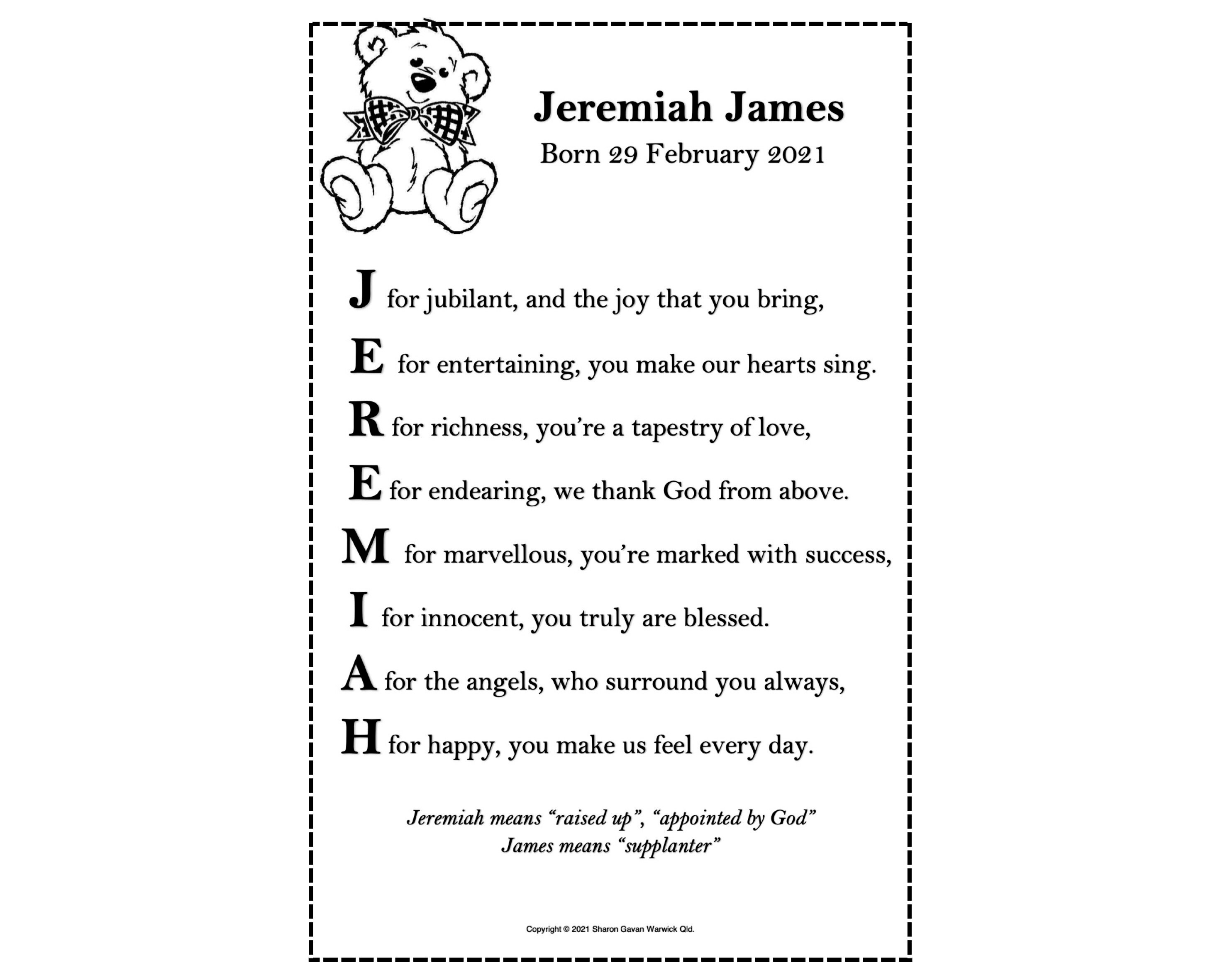 Personalised Baby Jeremiah Name Acronym Wall Poem Etsy