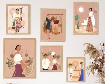 Filipino Gallery Wall Set, Filipino Set of 6 woman and man prints, Gallery Wall art set, fashion wall art set, boho printable wall art set