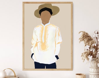 May include: A digital illustration of a person wearing a white shirt with gold embroidery, a brown hat, and blue pants. The background is a light brown color.