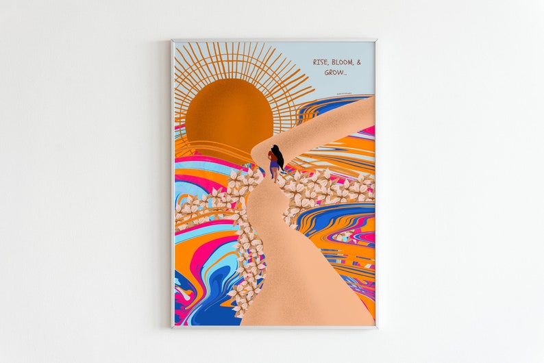 May include: A colorful abstract art print with a woman walking up a path. The background features a swirling pattern of pink, blue, orange, and yellow. The text "RISE, BLOOM, & GROW." is at the top of the print.