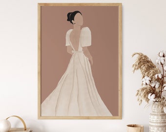Könnte beinhalten: Eine digitale Illustration einer Person in einem weißen Kleid mit tiefem Rücken vor braunem Hintergrund.