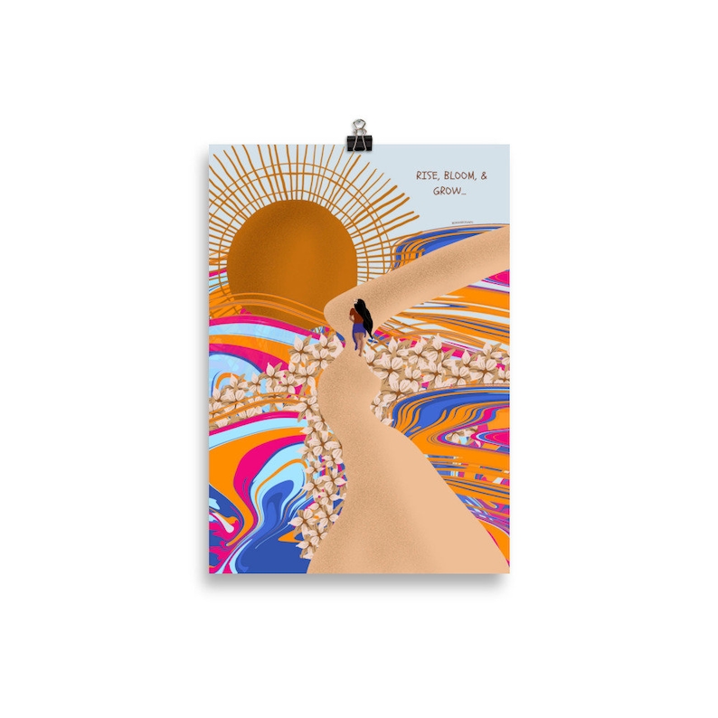 May include: A digital illustration of a person walking up a path with a sunrise in the background. The path is surrounded by colourful swirls and white flowers. The text "RISE, BLOOM, & GROW..." is at the top of the image.