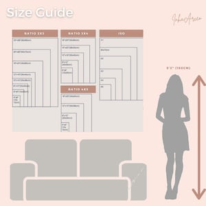 May include: A size guide for art prints, showing different ratios and sizes in inches and centimeters. The guide includes a silhouette of a person to help visualize the size of the prints.