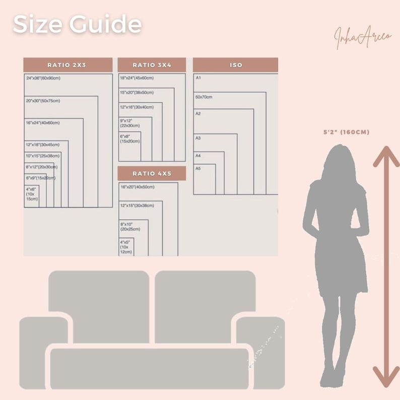 May include: A size guide for art prints, showing different ratios and sizes in inches and centimeters. The guide includes a silhouette of a person to help visualize the size of the prints.