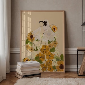 May include: A framed illustration of two women wearing veils and standing in a field of sunflowers. The women are facing each other and the sunflowers are in shades of yellow and green.