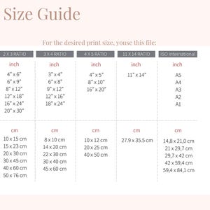 May include: A chart with a size guide for prints. The chart lists different print sizes in inches and centimeters, including 2x3, 3x4, 4x5, 11x14 ratios, and ISO international sizes.