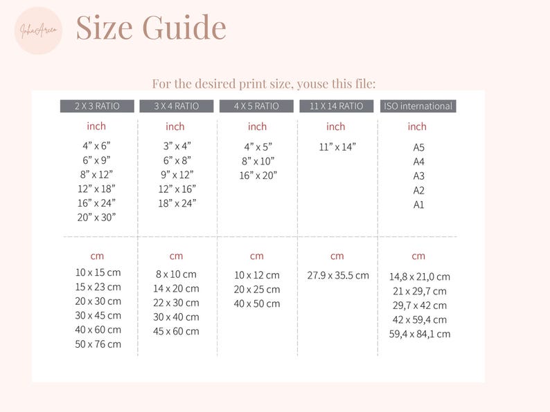 May include: A chart with a size guide for prints. The chart lists different print sizes in inches and centimeters, including 2x3, 3x4, 4x5, 11x14 ratios, and ISO international sizes.