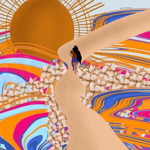 May include: A woman walks up a path towards a bright orange sun, surrounded by swirling blue, orange, pink, and white abstract patterns. The text "RISE, BLOOM, & GROW..." is at the top of the image.