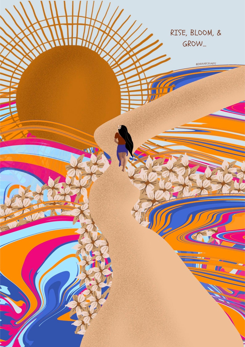 May include: A woman walks up a path towards a bright orange sun, surrounded by swirling blue, orange, pink, and white abstract patterns. The text "RISE, BLOOM, & GROW..." is at the top of the image.