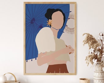May include: A digital illustration of a person holding a blue and white umbrella. The person is wearing a beige top and a brown skirt. The background is a light beige color.
