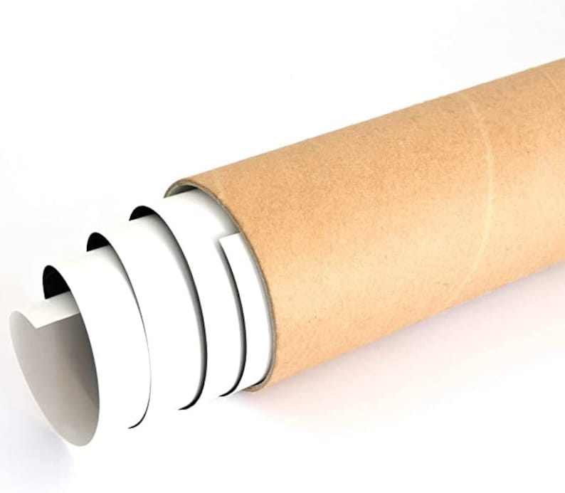 May include: A rolled up poster or print is being unrolled from a brown cardboard tube. The poster is white with black edges.